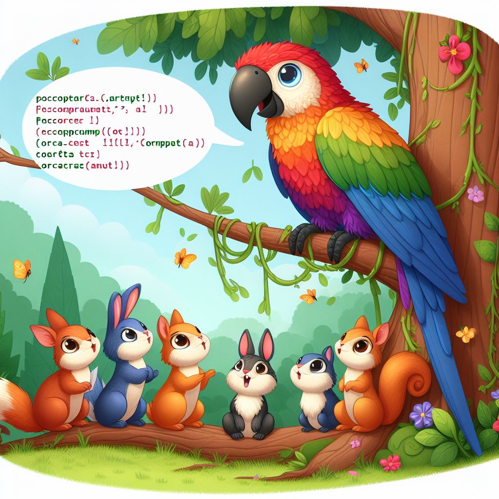 AI generated description:A parrot and animals on a tree


Image prompt for this was a parrot speaks code. The bunnies were Copilot image generatiosn addition.

It's a visual play on the sochastic parrots paper. 
